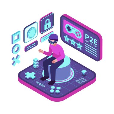 Isometric Gamer, VR kulaklıkla Metarverse 'te P2E Kripto Oyunu' nu kazanmak için oyun oynuyor. Earn ve Metaverse Oyun Kavramına Oyna