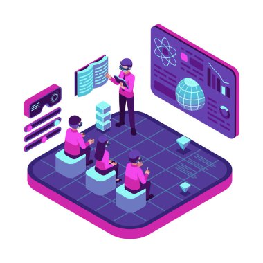 Öğretmen ve Öğrencilerle Isometric Sanal Metaverse Sınıfları. Metaverse Sınıfı ve Eğitim Sanal Gerçekliği