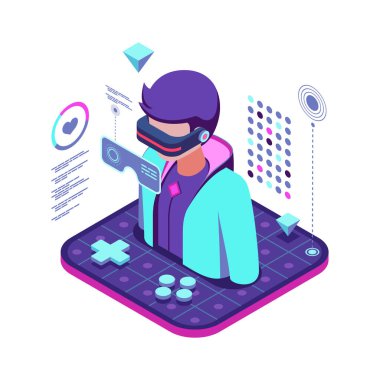 Neon Outfit ve VR kulaklıklı Isometric Metaverse Avatar. Metaverse Avatar Kavramı