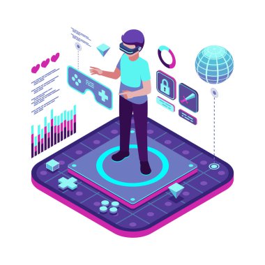 VR kullanıcı ve hologramlarla Isometric Metaverse Oyun Deneyimi. Metaverse Oyun Konsepti