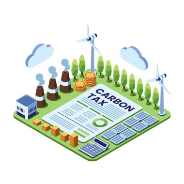 Yenilenebilir enerji ve endüstriyel emisyonlu Isometric Karbon Vergi Belgesi. Karbon Vergi Konsepti
