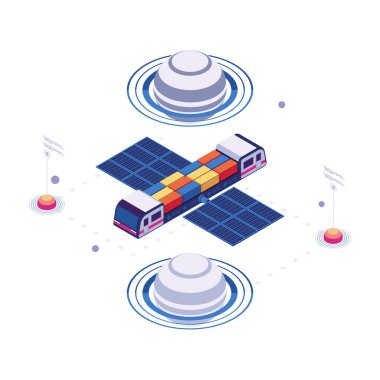 Güneş panelleri ve kargo konteynırlarıyla Isometric Futuristik Uzay Taşımacılığı. Geleceğin Uzay Taşımacılığı Konsepti