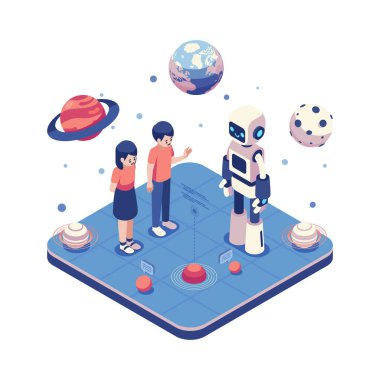 Isometric AI Robot Öğretmenliği ve Çocuklar için Uzay Keşfi. Yapay Zeka ve Çocuklar İçin Uzay Araştırması