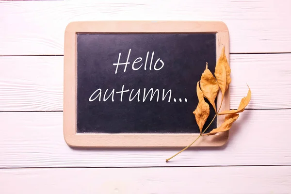 Tablica Napisem Hello Autumn Suchym Liściem Białym Drewnianym Tle Jesienny — Zdjęcie stockowe