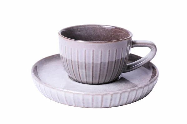 Серый Керамическая Чашка Блюдце Изолированы Белом Фоне — стоковое фото