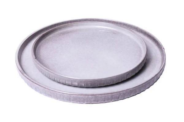 Dwie Szare Ceramiczne Okrągłe Płyty Izolowane Białym Tle — Zdjęcie stockowe