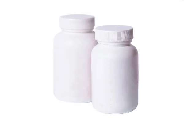Dua Botol Plastik Putih Untuk Pil Yang Diisolasi Dengan Latar — Stok Foto