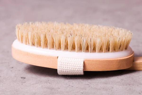 Wooden Brush Dry Massage Natural Bristles Gray Background — Stock Photo, Image