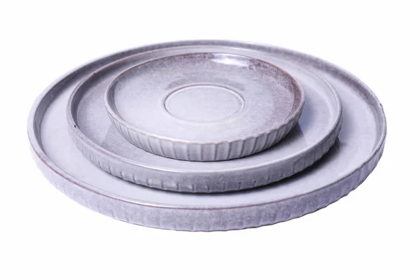 Set Gray Ceramic Plates Isolated White Background — Stock Photo, Image