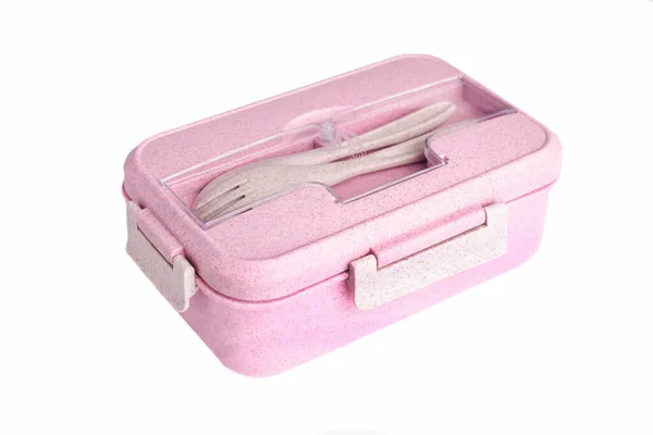 Ροζ Πλαστικό Κουτί Γεύμα Πιρούνι Και Κουτάλι Απομονώνονται Λευκό Φόντο — Φωτογραφία Αρχείου