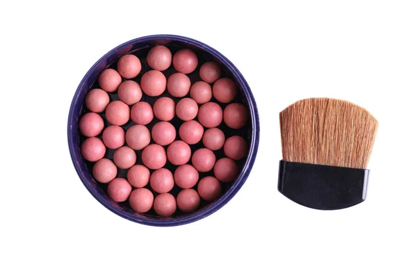 Bolas Rubor Rosa Perla Caja Azul Con Cepillo Maquillaje Aislado — Foto de Stock