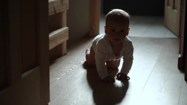 Feliz Bebé Niño Arrastrándose Suelo Niño Explorando Casa Curioso Bebé — Vídeo de stock
