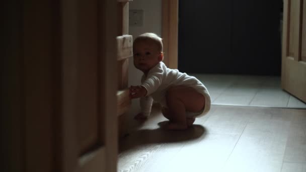 Happy Baby Boy Crawling Floor Toddler Exploring Home Curious Infant — Stock Video