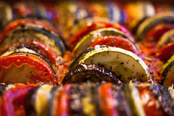 stock image Ratatouille. French traditional stewed vegetable dish. Vegetarian food. Close-up.