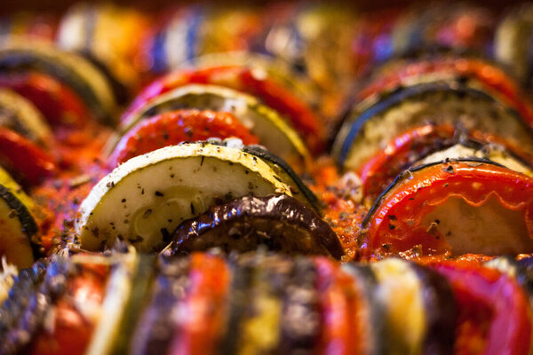 Ratatouille. French traditional stewed vegetable dish. Vegetarian food. Close-up.