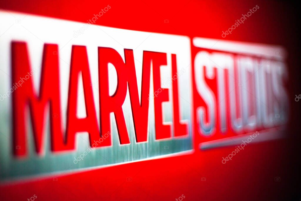 Kyiv, Ukraine -  March 9, 2021: Marvel Studios logo on the screen. Marvel Studios is known for the production of the Marvel Cinematic Universe films based on Marvel Comics.
