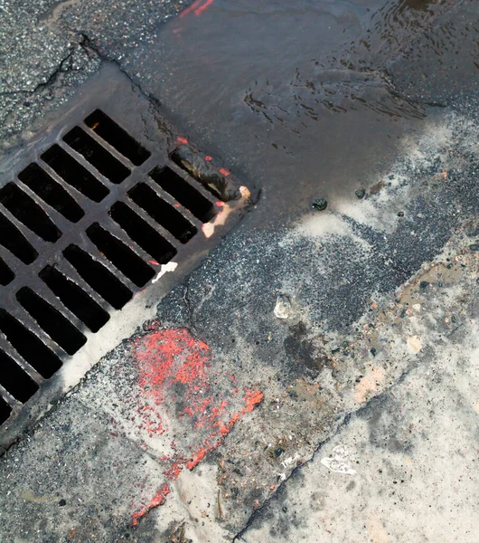 Metal drain grates. Storm drains. Storm sewers. Close-up.