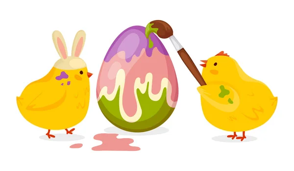 Les Poulets Mignons Peignent Œuf Pâques Avec Pinceau Joyeux Thème — Image vectorielle