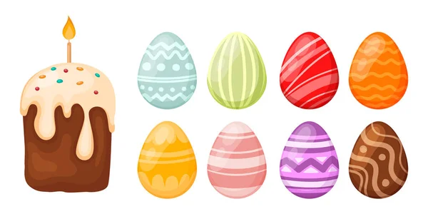 Oster Set Von Osterkuchen Und Bunten Eiern Vektor Illustration Isoliert — Stockvektor