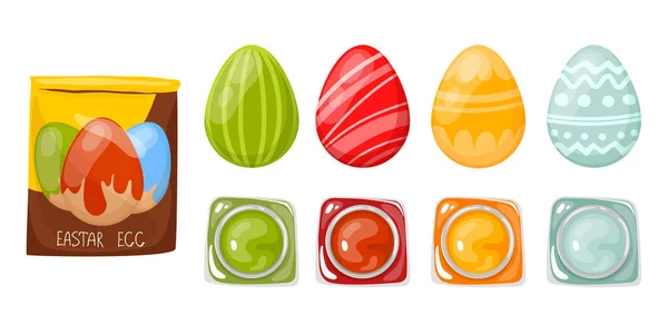 Ein Satz Ostereier Mit Farben Und Einer Tüte Eierfarbe Konzept — Stockvektor