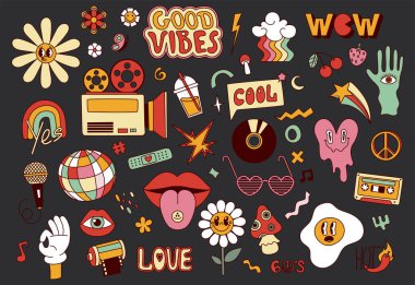 70 'ler ve 60' ların modası geçmiş hippi çıkartmaları, psikedelik saat parçaları. Tuhaf karikatür elementleri, çiçekler, mantarlar, hippi tarzı dekoratif vektör..