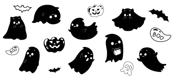 Ensemble Silhouettes Fantômes Drôles Mignons Fantômes Effrayants Drôles Pour Halloween — Image vectorielle
