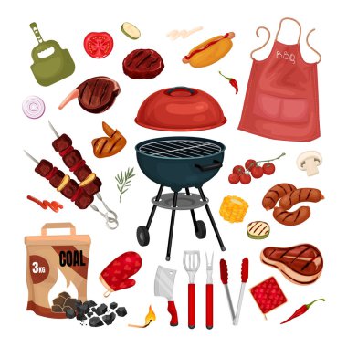 Barbekü için tüm ürünler ve aksesuarlar. Lezzetli bifteklerden sulu hamburgerlere kadar kaliteli etlere doya doya doya doya doya doya ye ve lezzetleri aydınlat. Piknik malzemelerinin vektör illüstrasyonu.