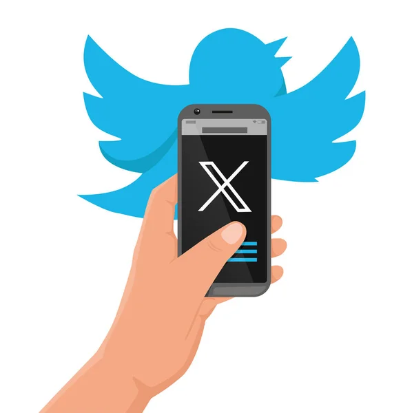 有名なソーシャルネットワークロゴのリブランディング バックグラウンドに電話と鳥が付いている手 — ストックベクタ