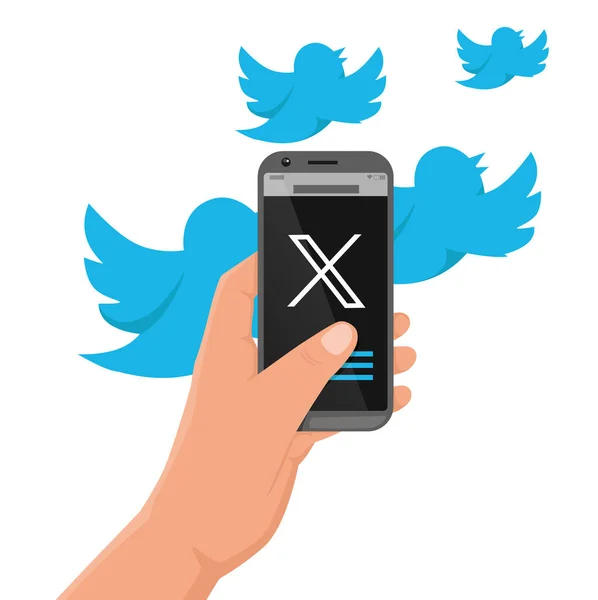 Ребрендинг Знаменитого Логотипа Социальной Сети Рука Телефоном Птицей Заднем Плане — стоковый вектор