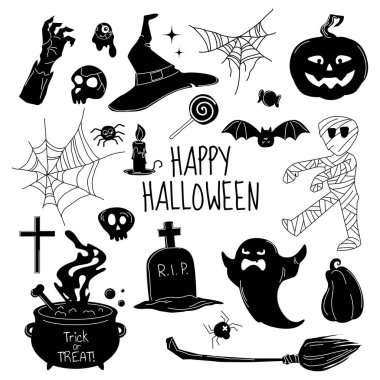 Cadılar Bayramı figürlerinin siluetleri... mutlu Cadılar Bayramı. Büyük el çizimleri korkunç karalamalar..