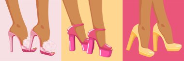 Yüksek topuklu ayakkabılı kadın bacaklarının üç çizimi. Pembe renkli şık posterler..