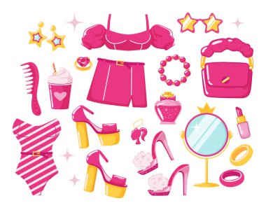 Pembe temel oyuncak bebek seti. Modaya uygun barbiecore tarzı kıyafetler, bebek aksesuarları ve giysiler. Moda öğeleri. Vektör karikatürü