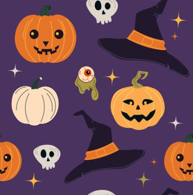 Cadılar Bayramı için düz stil sevimli karakterlerin kusursuz deseni. Cadılar Bayramı paketi. Tekstil ve tatiller üzerine baskı