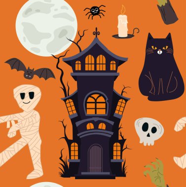 Cadılar Bayramı için düz stil sevimli karakterlerin kusursuz deseni. Cadılar Bayramı paketi. Tekstil ve tatiller üzerine baskı