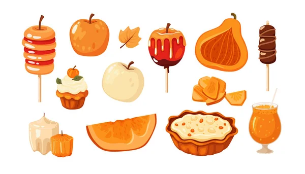 Conjunto Vectorial Platos Postres Calabaza Alimentos Tradicionales Halloween Manzanas Caramelo — Vector de stock