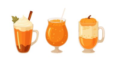 Sonbahar balkabağı seti taze ve balkabaklı latte içer. Sonbahar havası. Vektör resimli öge.