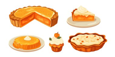 Sonbahar Balkabağı Turta Kiti. Sonbahar havası. Bir parça balkabağı turtası, balkabağı, krema, tüm turtanın üst görüntüsü. Vektör resimli öge.