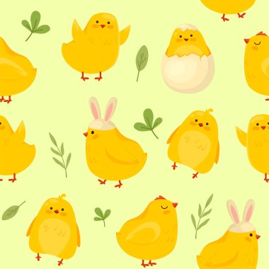Paskalya tavuklarının karikatürsüz desenleri. Şapka kulaklı şirin, komik piliçler.
