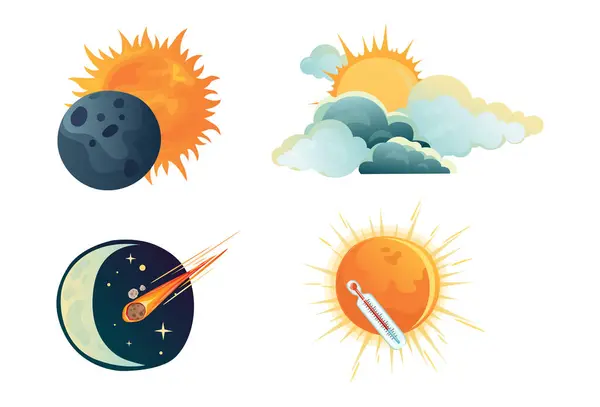 Набор Изменений Небе Солнечное Затмение Глобальное Потепление Астероид Милые Иллюстрации Векторная Графика