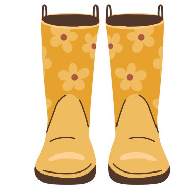 Bahçede çalışmak için lastik botlar, aksesuarlar, el çizimi.