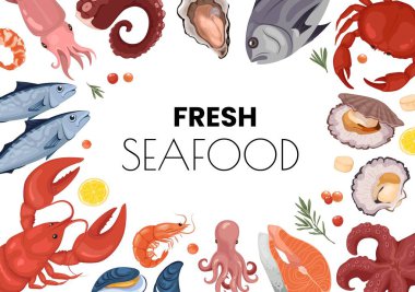 Bileşik deniz ürünleri. Karides, yengeç, farklı balıklar. Mutfak lezzetlerinin içeriği. Deniz ürünleri.