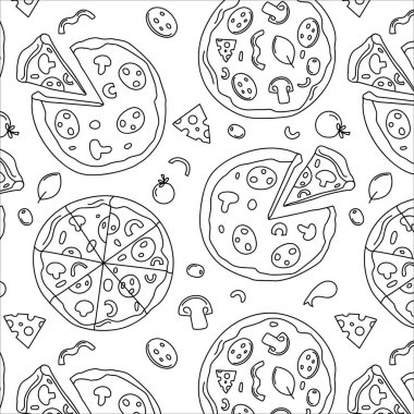 Arkaplan desensiz pizza karalaması, dilimlenmiş pizza parçaları ve malzemeler..