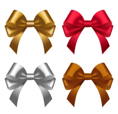 Altın, kırmızı, gümüş ve bronz renkte dört parlak fiyonk koleksiyonu. Hediye ambalajı, şenlikli dekorasyon ve tatil tasarımları için mükemmel..