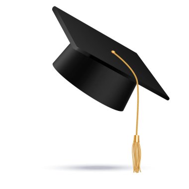 Üniversite, lise ya da üniversite mezunu birinin adresi. Şeffaf arkaplanda izole edilmiş. Vektör siyah 3d derece seremoni şapkası. öğrenci simgeleri