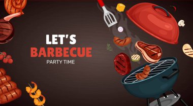 Izgara et, sebze ve aletlerle barbekü arka planı. Karanlık zemin üzerinde barbekü elementleri. Yaz pikniği, menü veya davet tasarımı için mükemmel.