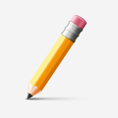 Silgiyle birlikte 3 boyutlu sarı tahta kalem. Çizim, yazı ya da tasarım için gerçekçi kısa kalem. Beyaz arkaplanda vektör simgesi izole edildi.