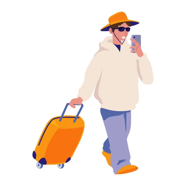 Homme Avec Valise Téléphone Sur Blanc — Image vectorielle