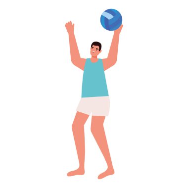 Beyaz arka planda voleybol oynayan gülümseyen adam