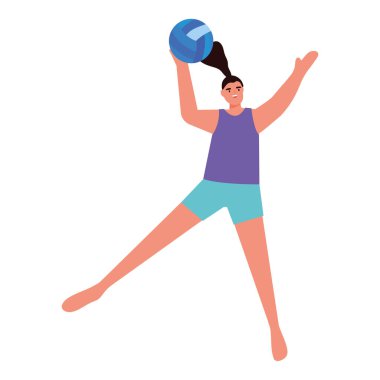 Beyaz arka planda voleybol oynayan gülümseyen kadın