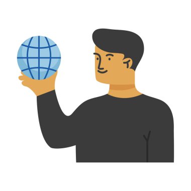 beyaz arkaplanda küresel bir küre tutan adam